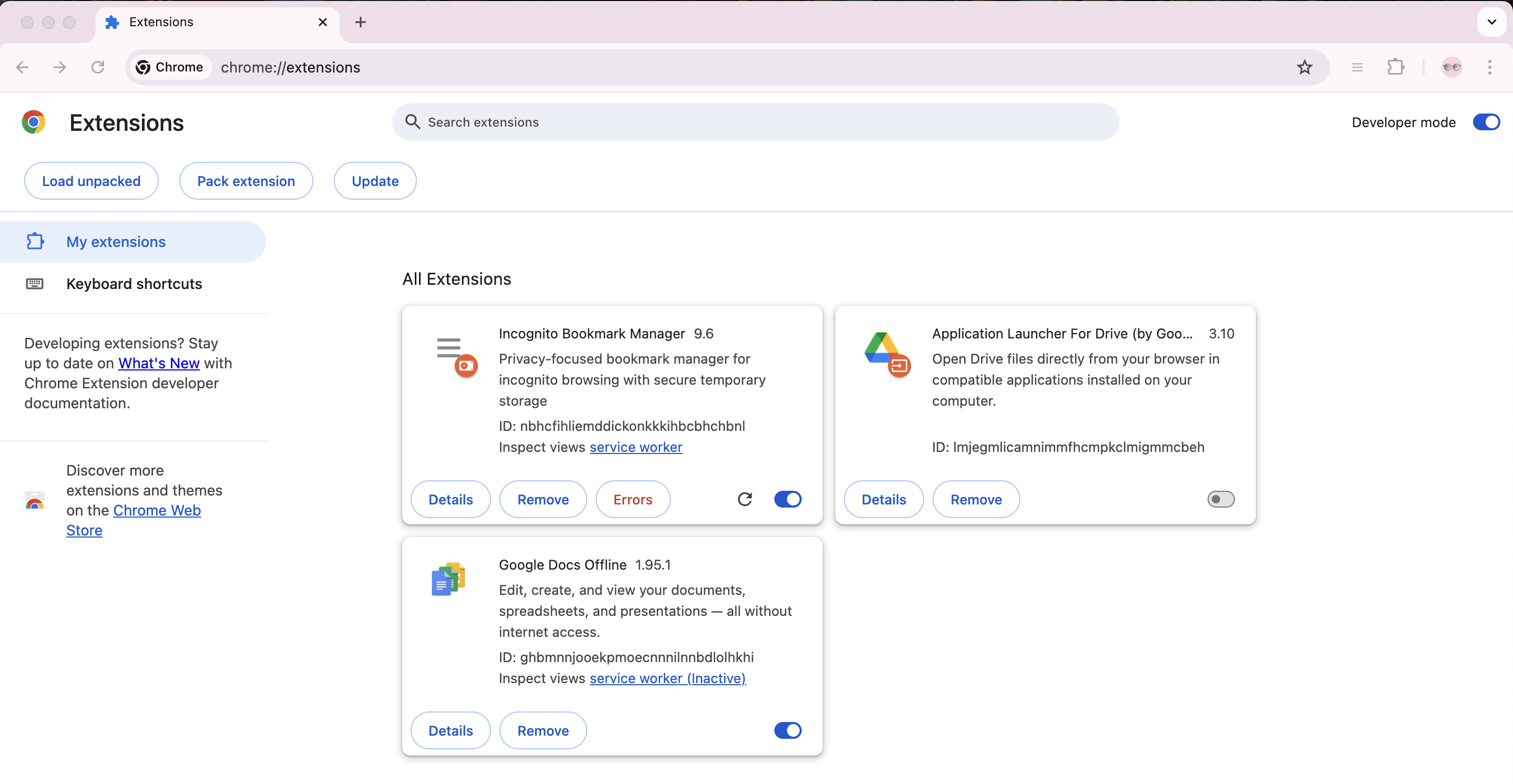 Chrome Extensions Page