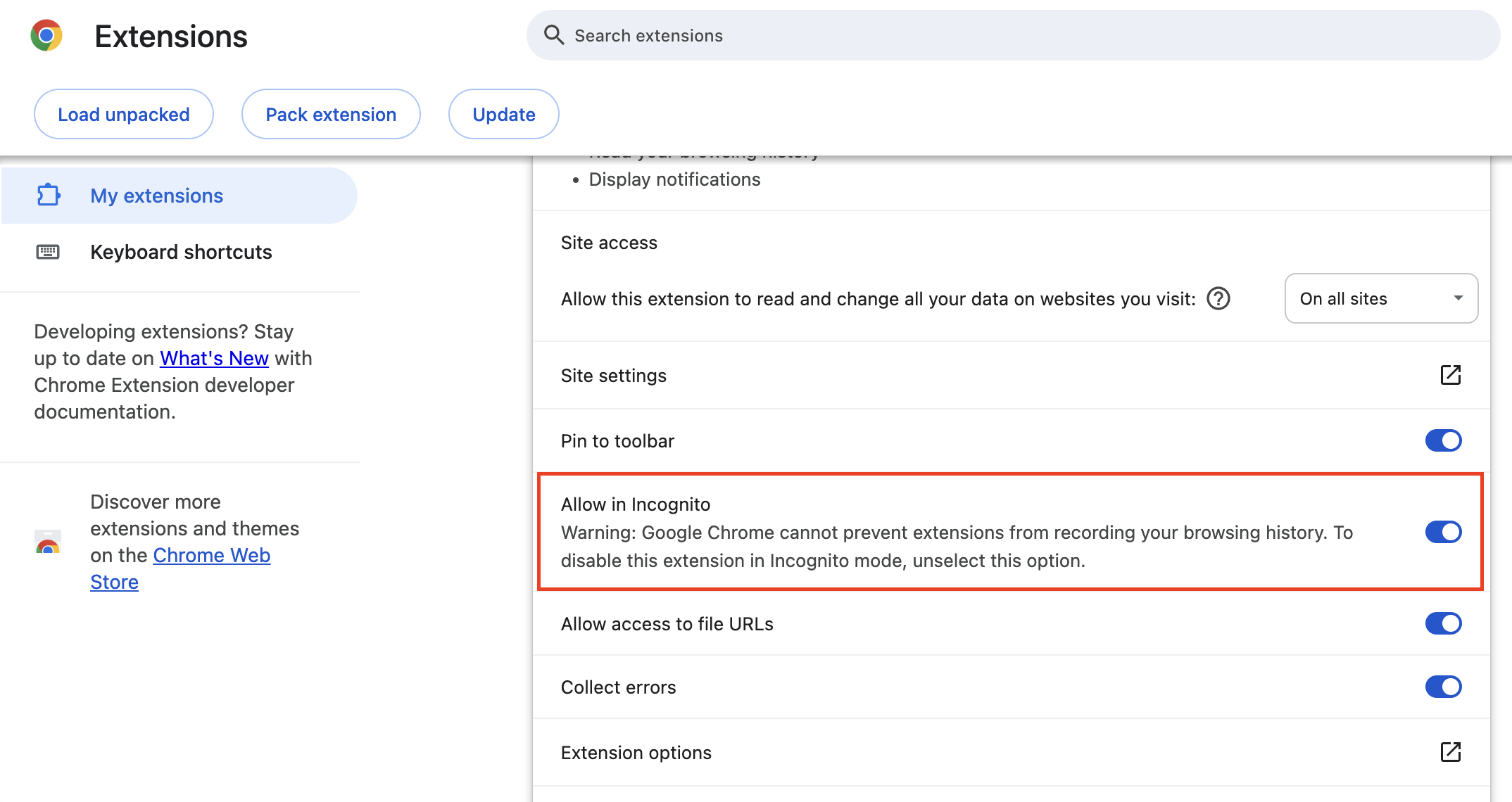 Allow in Incognito Toggle